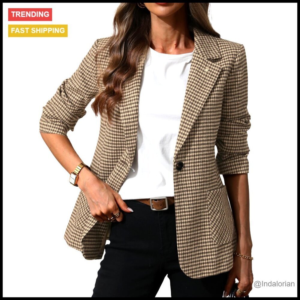 Plaid Blazer Embroidered Collar Houndstooth Business Casual Office Jacket Chic